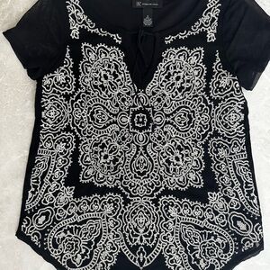 INC International Concepts Black and White Graphic Blouse with Drawstring Tie